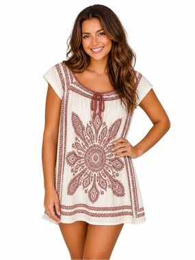 Cristinalove Cream Tunic with Rust Brown Trim and Print